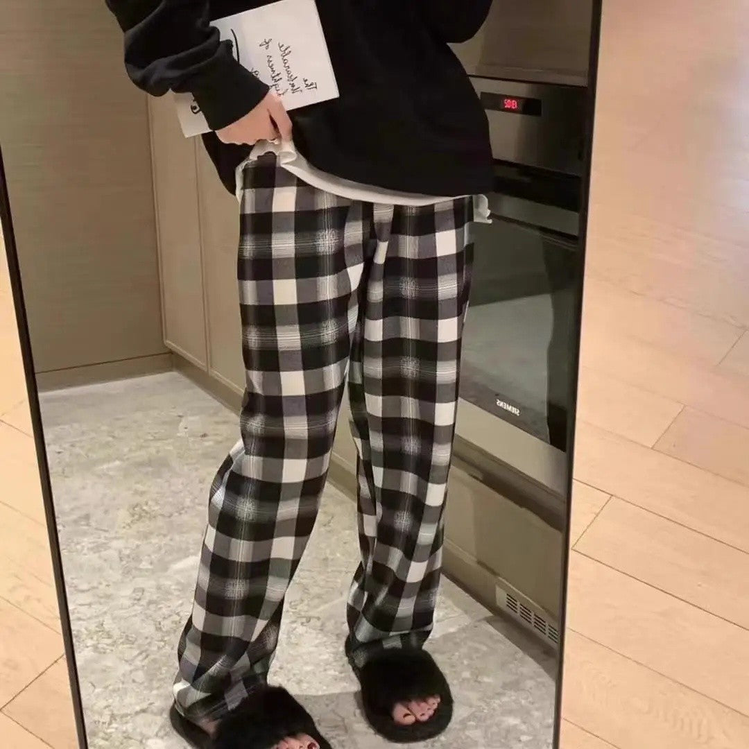 Lamb Velvet Fleece Lined Plaid Wide Leg Pants High Waist Straight Cut Winter New Casual Trousers for Women Korean Style