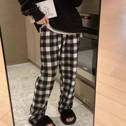 Lamb Velvet Fleece Lined Plaid Wide Leg Pants High Waist Straight Cut Winter New Casual Trousers for Women Korean Style