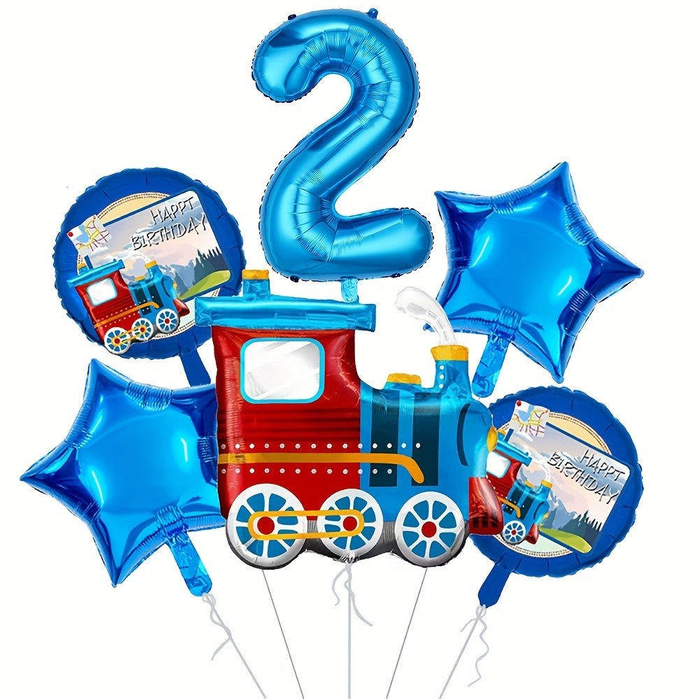 6pcs Retro train Balloon Set Blue Digital 0-9 Foil Balloon Cartoon Train Balloon Birthday Party Decoration Supplies Baby Shower