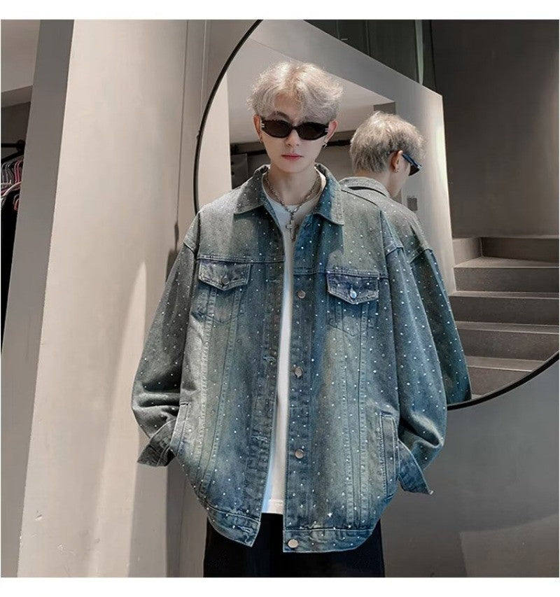 American Trendy Denim Jacket Mens Make Old Flash Diamond Fashion Outwear Spring Single-breasted Street Couple Cowboy Coats