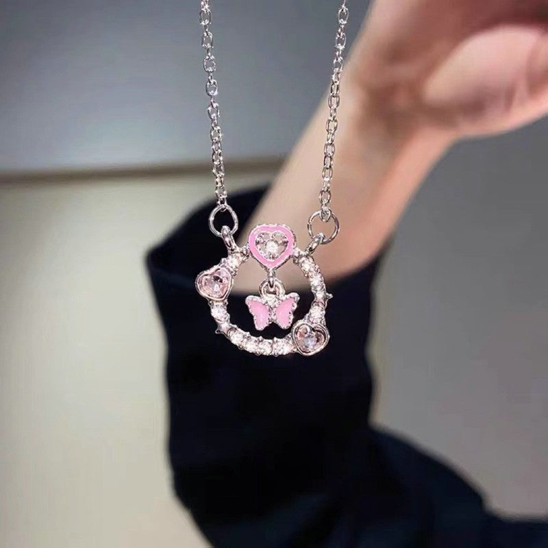 Colar de Coração de Zircônia Rosa Planeta da Moda Colar de Corrente de Clavícula Estética Feminina Presente de Dia dos Namorados Joias de Festa
