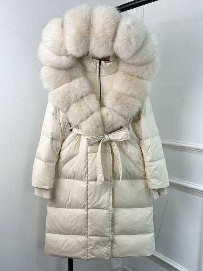 Janveny New Winter Long Hooded Puffer Jacket Women Warm Thickened Real Fox Fur Collar White Goose Down Jacket Waterproof Parkas