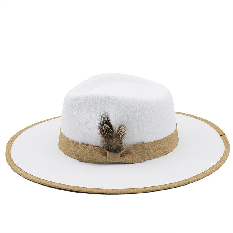 European American Fashion Feather Felt Jazz Hat Flat Wide Brim Bordered Formal Hat for Women and Men Elegant Style