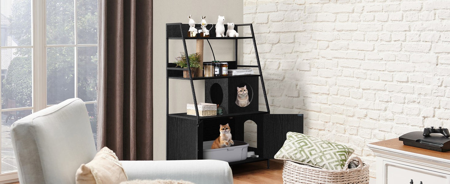 Caixa de Areia para Gatos com Estação de Carregamento e Prateleiras - Móvel Alto Escondido com Ajuste Universal, Armário de Armazenamento (Preto)