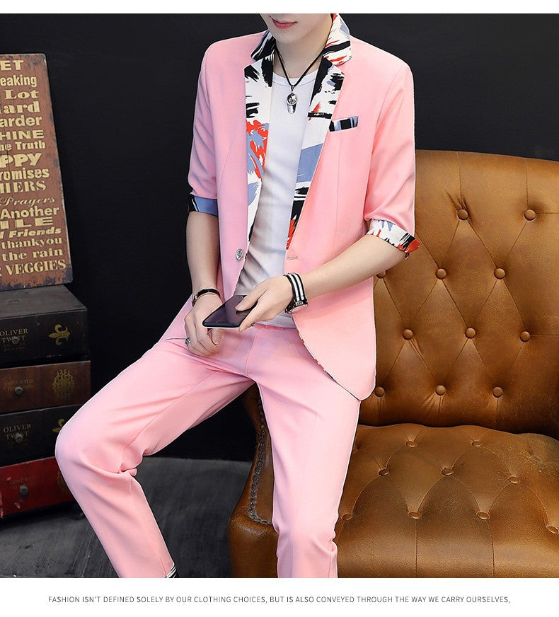 Summer 2025 Korean Slim Fit Short Sleeve Suit Casual Thin British Style Seven-Point Mid-Sleeve Suit for Men