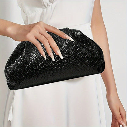 Elegant Weave Textured Ladies Clutch Bag - Adjustable Strap and Clasp Closure, Premium Pure Black Dinner Bag for Weddings