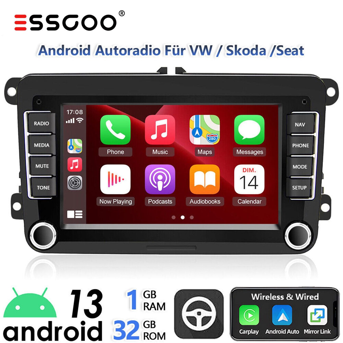 ESSGOO 7" Android 14 4G+64G Apple Carplay Som Automotivo GPS NAVI WIFI RDS FM BT para VW Golf 5 6 Passat Polo Touran Tiguan Caddy EOS