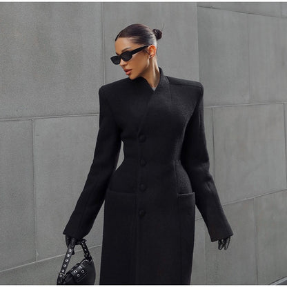 Black Tailored Long Coat Women Elegant Asymmetric Button Front Pockets Full Sleeve Criss-cross Neck Jacket 2025 Casual Outerwear