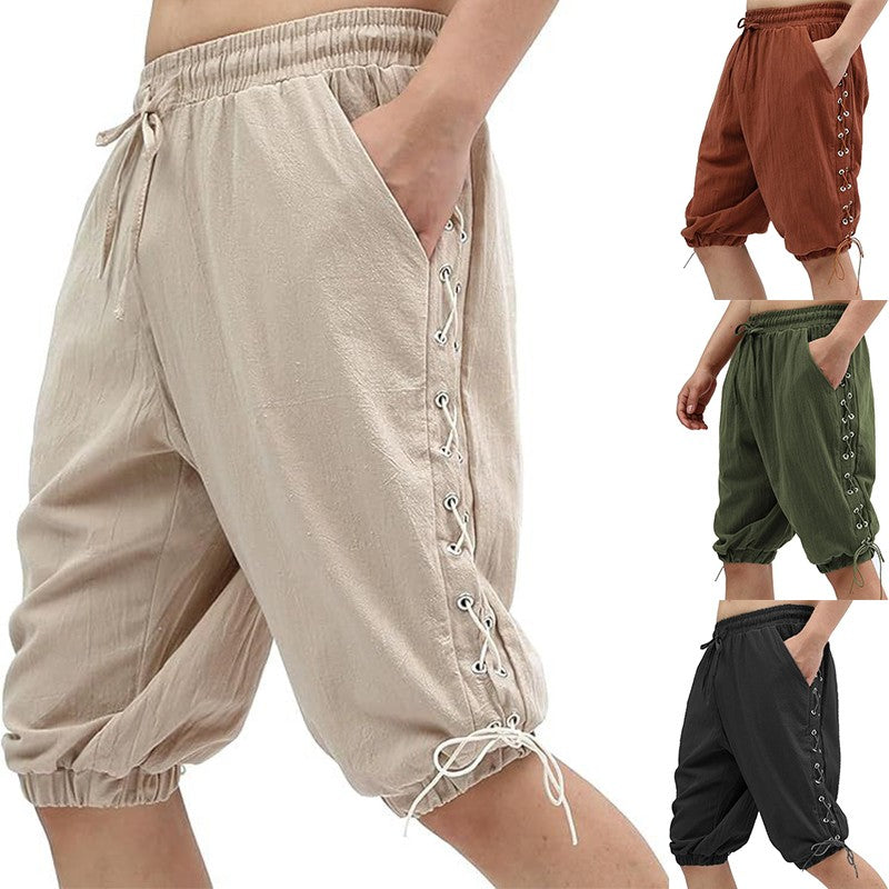 Men's Pirate Shorts Renaissance Medieval Vintage Lace-Up Viking Navigator Halloween Costume Pants