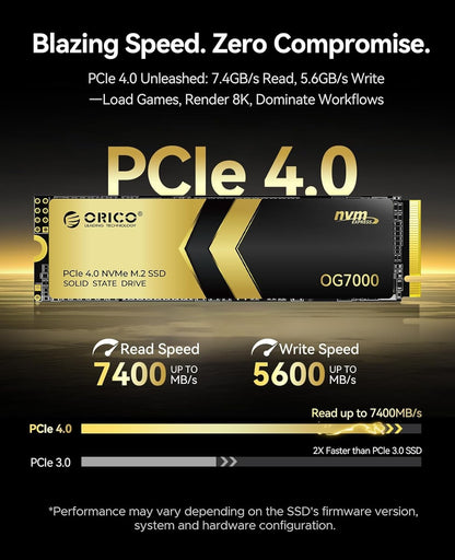 SSD ORICO OG7000 1TB 2TB PCIe Gen4 NVMe, até 7400 MB/s, Solução Térmica de Grafeno, Ideal para Edição de Vídeo 4K, Renderização 3D, PS5