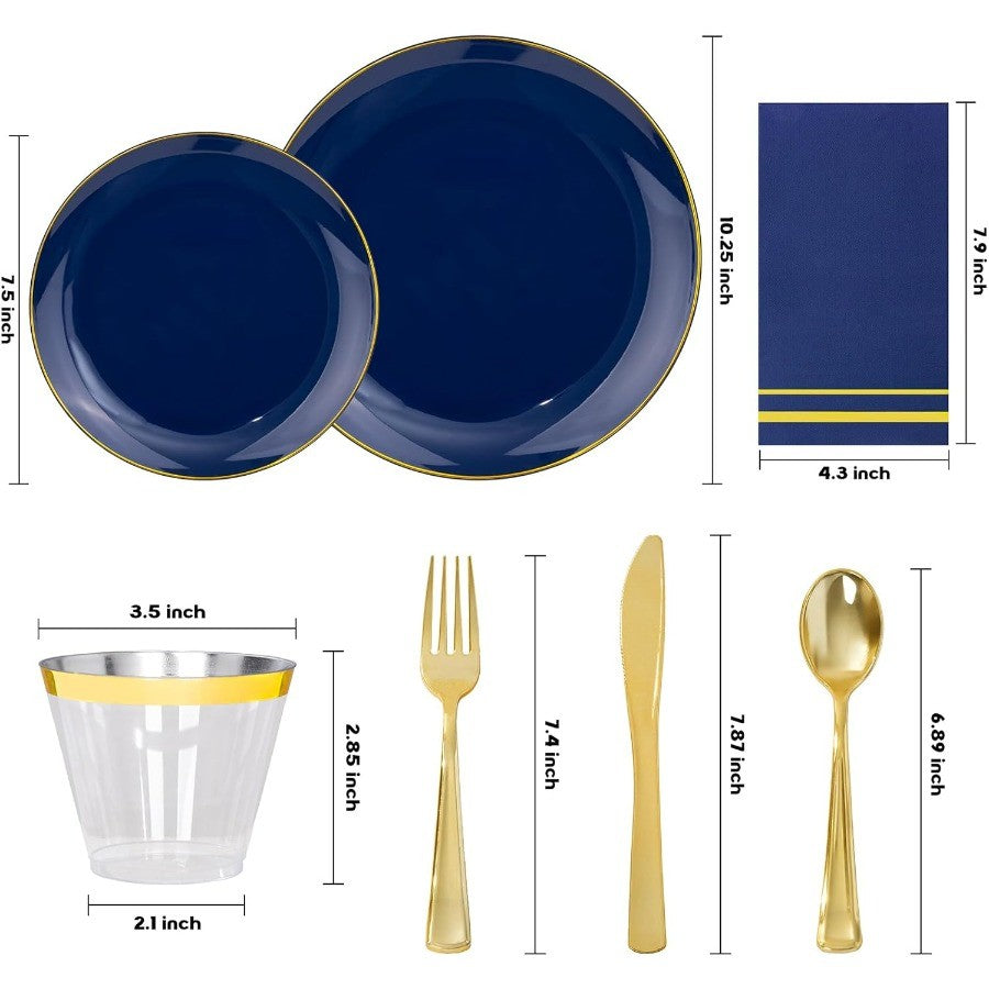 350PCS Navy Blue Plastic Plates Blue Disposable Dinnerware Set for 50 Guests 100 Dinner Dessert Plates 150 Gold Silverware 50 C