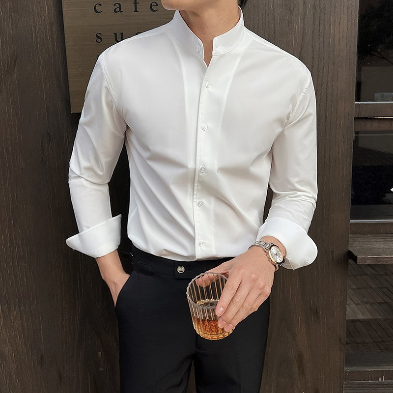 2025 Spring New Chinese Style High End Stand Up Collar Shirt Men's Long Sleeve Elastic Slimming Top Social Dress Shirt