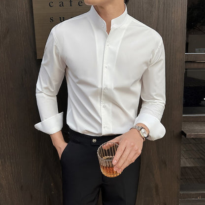 2025 Spring New Chinese Style High End Stand Up Collar Shirt Men's Long Sleeve Elastic Slimming Top Social Dress Shirt