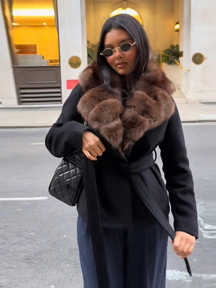 Elegant Fur Collar Woolen Coat Women Contrast Full Sleeve Turn-down Collar Loose Lace Up Coats Female 2025 Autumn Lady Outwears