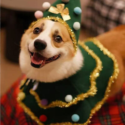 Capa de Natal para gatos e cachorros com chapéu, estrelas e pompons, adequada para cães de pequeno e médio porte durante o Natal