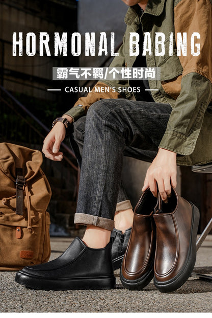 2025 Autumn New Leather Short Boots, Mid-calf Zipper Casual Outdoor Shoes, Anti-slip and Wear-resistant Men's Work Boots