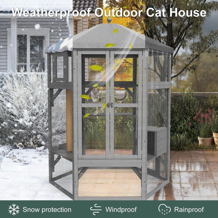 Recinto para Gatos ao Ar Livre, Catio Grande Interno para Vários Gatos com Acesso à Janela e Teto Impermeável, Inclui Casa para Gatos, Mul