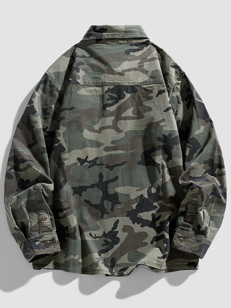2024 New 95% Cotton Men's Shirt Camouflage Long Sleeve Drop Shoulder Button Pockets Cowboy Loose Casual Work Jeans Shirts