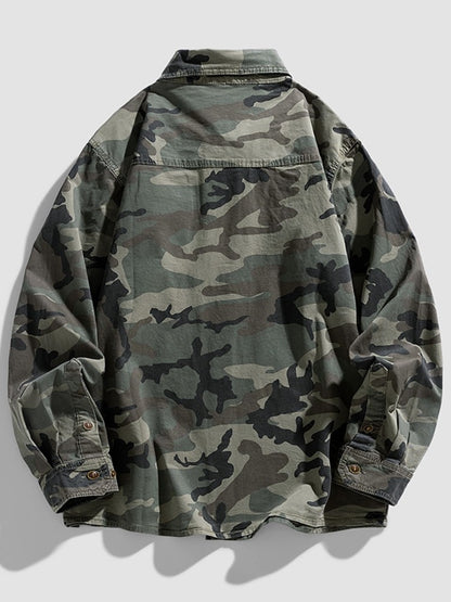 2024 New 95% Cotton Men's Shirt Camouflage Long Sleeve Drop Shoulder Button Pockets Cowboy Loose Casual Work Jeans Shirts