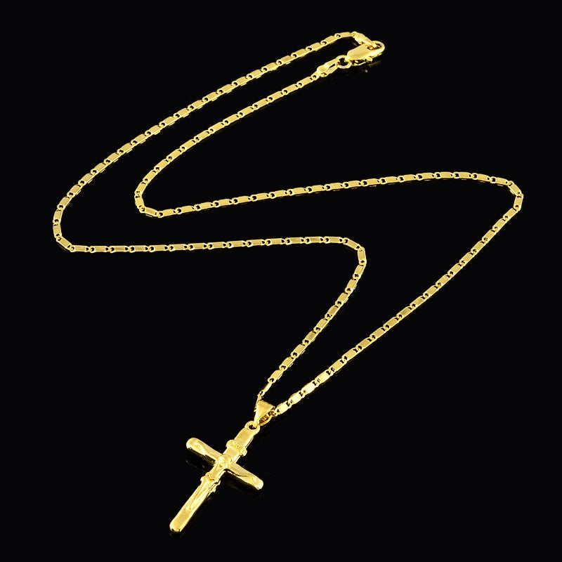 Novo Colar de Ouro 24K Pingente Cruz Banhado a Ouro Colar Joia Masculina e Feminina de Presente 45CM/50CM