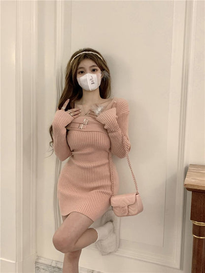MEXZT Y2K Knitted Mini Dress Women Streetwear Sexy Off Shoulder Sweater A Line Dresses Christmas Party Korean Bodycon Vestidos
