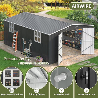12x16 FT Outdoor Storage Shed, Garden Shed with Updated Frame Structure and Lockable Doors, Metal Tool Sheds for Backyard Garden