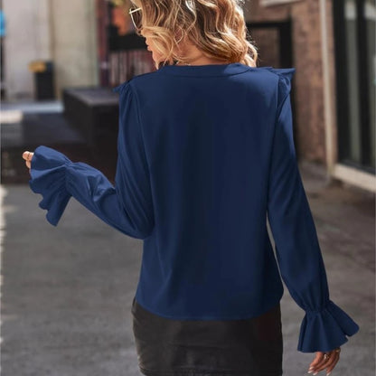 Spring Autumn Fashionable Shirts Solid Color Casual Loose Commuting Style Tops Long Sleeves Ruffled V-neck Bell Sleeves Clothes