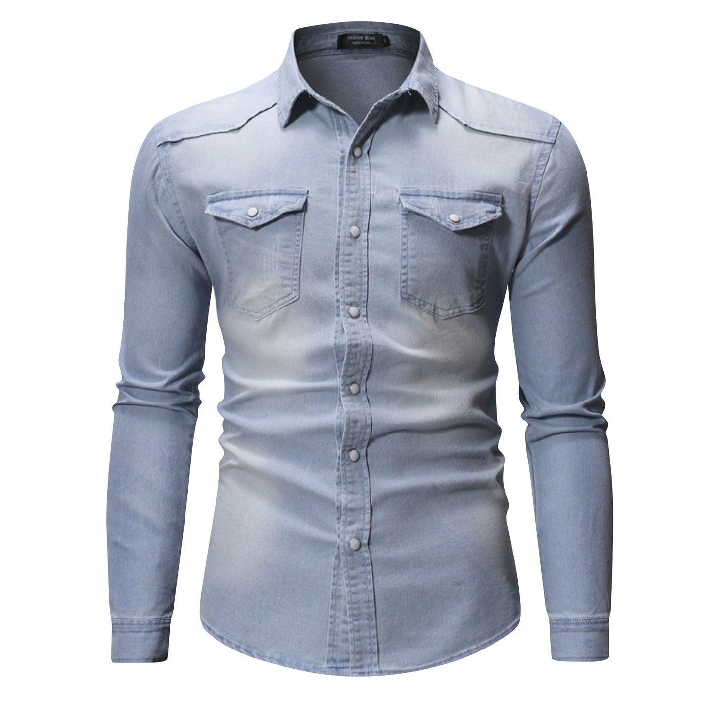 Men'S Autumn Fashion Clothing Casual Fashion Long Sleeve Lapel Shirts Solid Color Denim Washed Shirt Men'S Tops