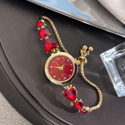 Ladies' quartz watch with three heart-shaped diamond-encrusted bracelet round alloy case and mixed scale simple light luxury