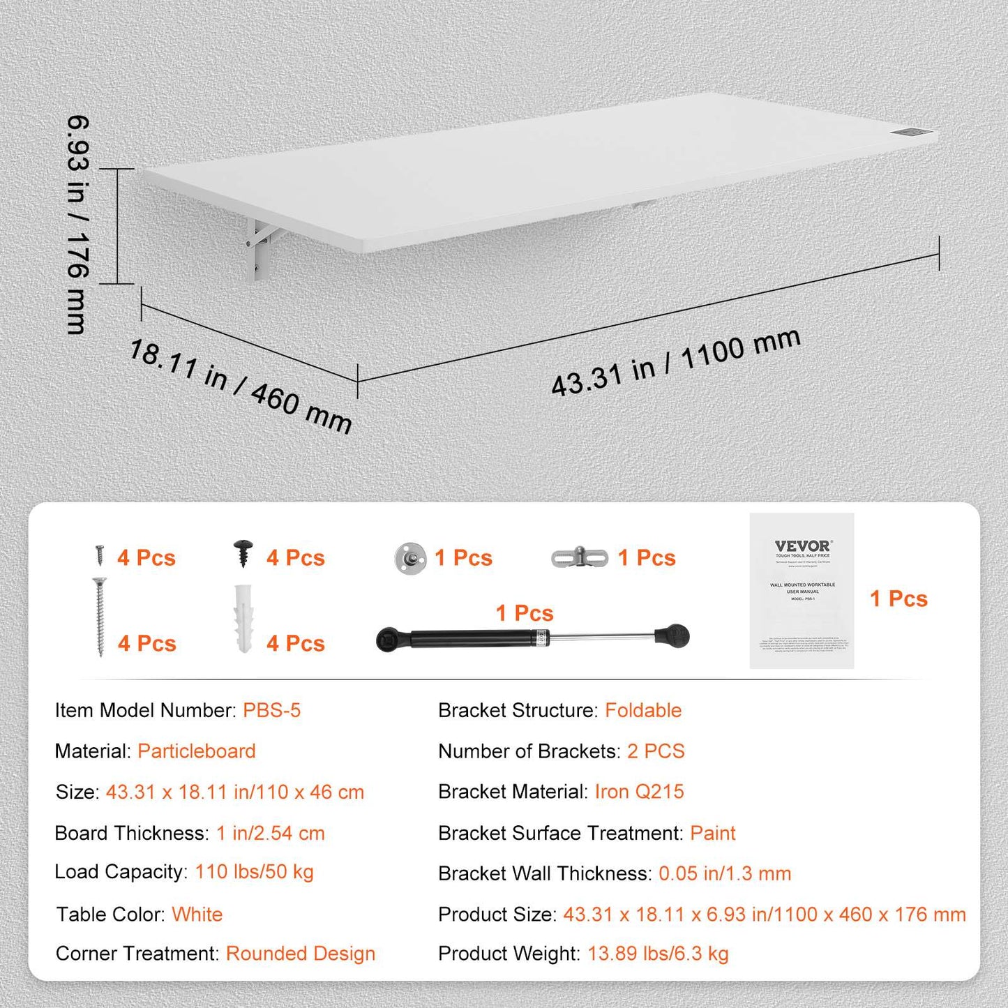 SucceBuy Wall Mounted Folding Table Drop Leaf  Floating Desk with Bracket Fold Down for Home Office Room Kitchen Space-Saving