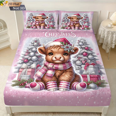 3pcs Christmas Highland Cow Print Coreless Bed Sheet Set Multiple Size Bed Cover Bedroom Bedding,  Decoration Machine Washable