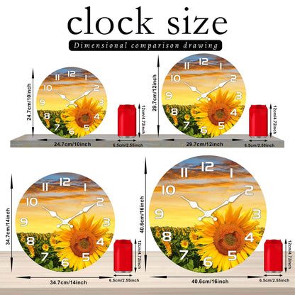 1pc wooden wall clock, Sunflower Garden design wall clock at sunset, round silent clock, for living room bedroom, room decoratio