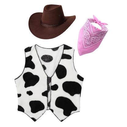 Wild West Cosplay Cowboy Cowgirl Costume Halloween Dress Up Clothes New Fringe Sleeveless Vest with Bandanna Hat Set