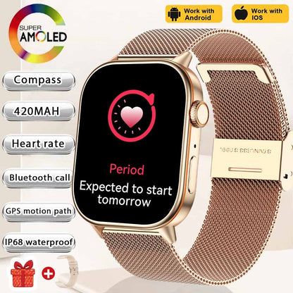 Smartwatch de Música Feminino 2025 Novo com Tela AMOLED HD de 2.01'' Moda, GPS de 6 Estrelas Embutido, Rastreador Impermeável e Chamada, Braceletes