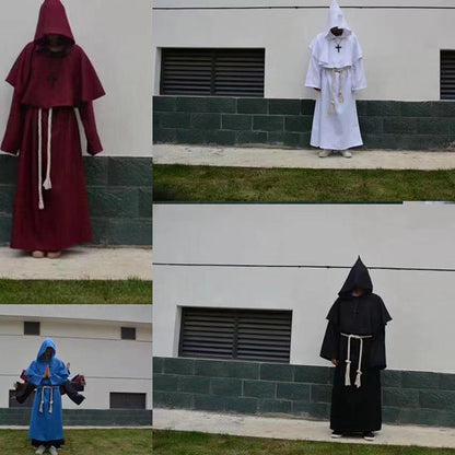 Medieval Monk Cosplay Wizard Hooded Robe Steampunk Priest Horror Cloak For Men Unisex Mask Hat Costume Halloween Masquerade Cape