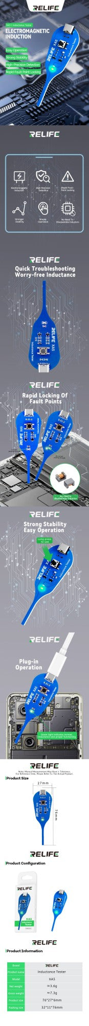 Testador de Indutância RELIFE XA5, localize rapidamente o ponto de falha para testar a qualidade de indutores em placas-mãe eletrônicas