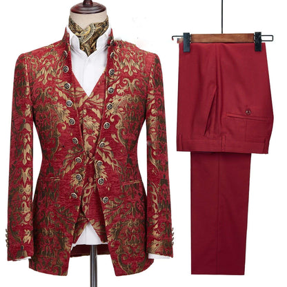 Fashion Gold Floral Suits For Men Slim Fit Luxury Party Wedding Groom Tuxedos Custom Stand Collar Jacket Vest Pants 3 Pieces Set
