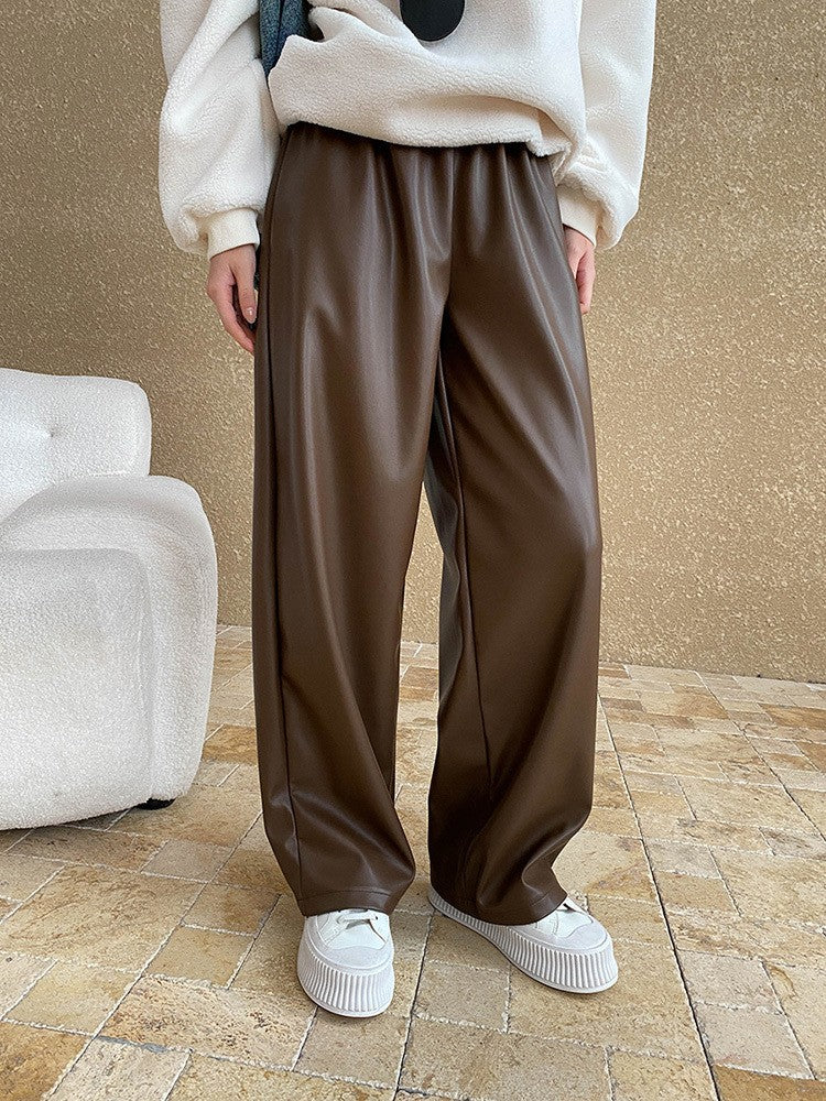 High Elastic Waist Coffee Pu Leather Long Wide Leg Pants New Trousers Women Fashion Tide Spring Autumn