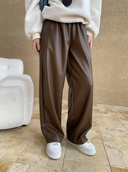 High Elastic Waist Coffee Pu Leather Long Wide Leg Pants New Trousers Women Fashion Tide Spring Autumn
