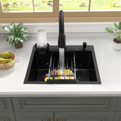 Kitchen Sink w/ Pull-Out Faucet & Drain Basket,  50*45cm Black Stainless Steel Single Bowl Sink Kit