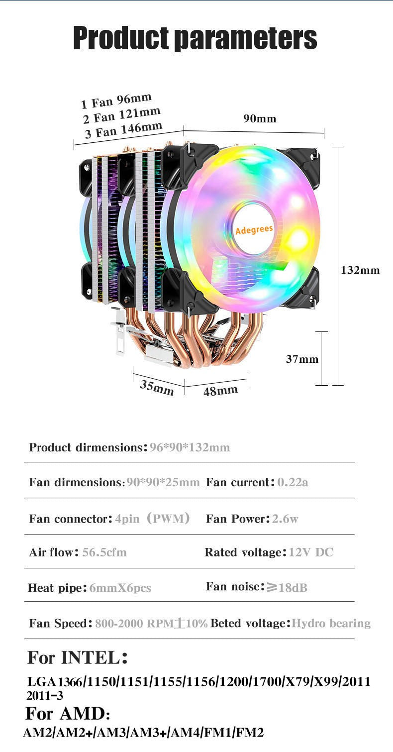 6 Heat Pipes ARGB CPU Air Cooler 4 Pin PWM Quiet CPU Cooling Fan for Intel LGA 1700 2011 1200 1156 X79 X99 AM3 AM4 PC Radiator