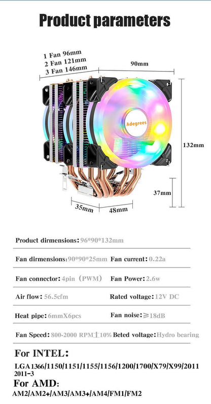 6 Heat Pipes ARGB CPU Air Cooler 4 Pin PWM Quiet CPU Cooling Fan for Intel LGA 1700 2011 1200 1156 X79 X99 AM3 AM4 PC Radiator