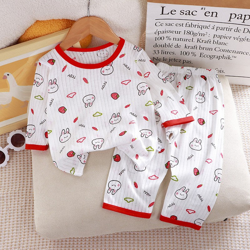 Children's Pure Cotton Home Clothes Set Boys Girls Seven-quarter Sleeve Pajamas Thin Breathable Air-conditioned Clothes