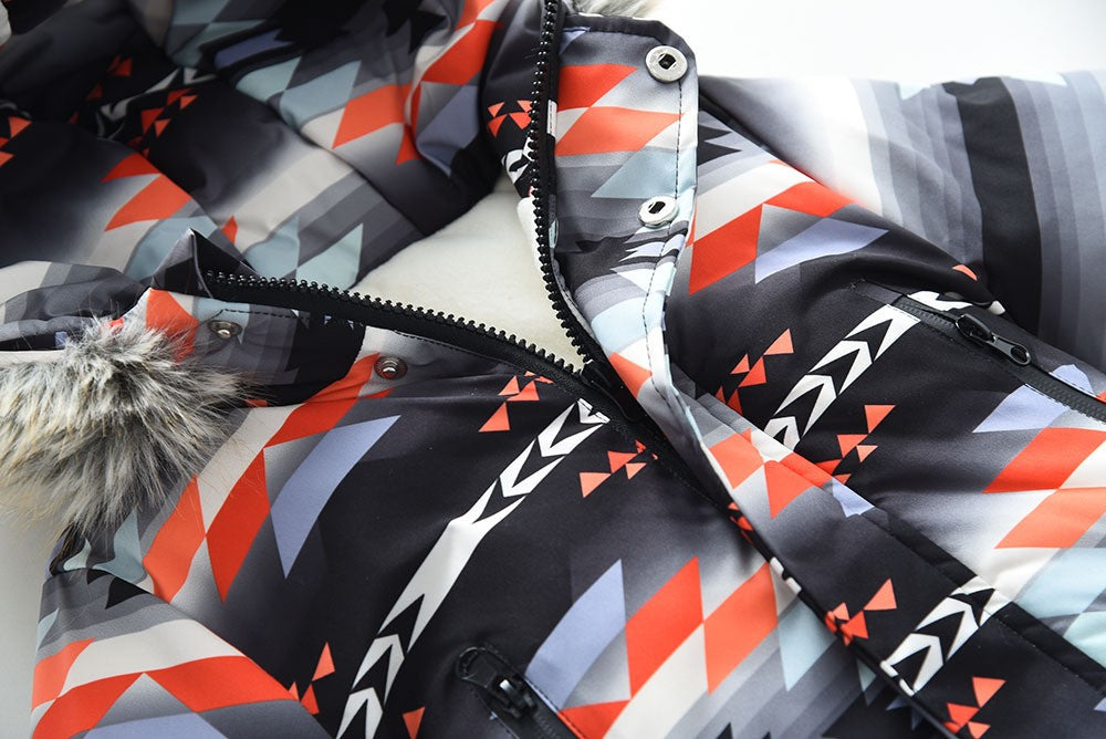 YBFSKID Kids Boys Winter Rompers Geometric Pattern Plush Thick Toddler Baby Boys Ski Suit Fur Collar Little Boys Jumpsuit Outfit