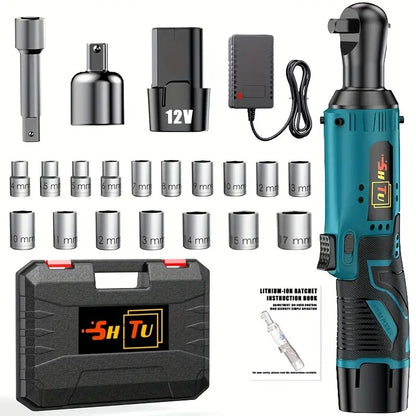 Conjunto de chave catraca elétrica sem fio, chave catraca elétrica sem escova, kit de catraca sem fio 12V, parafuso e porca para reparo automotivo