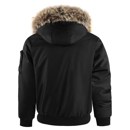 Men's Winter Black Aviator Jacket with Detachable Faux Fur Trimmed Hooded Cold Fashion Embroidered Badge and Zipper Pockets
