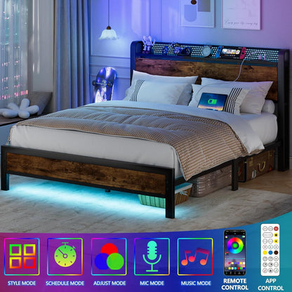 Cama Queen com Carregador e Luzes de LED, Cama Plataforma Queen Industrial com Cabeceira de Armazenamento, Porta USB