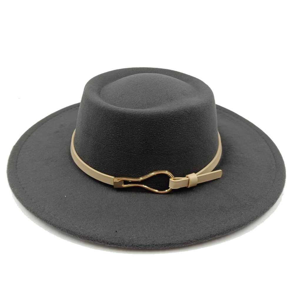 Acessórios femininos de fivela de couro metal com chapéu de feltro de pele com top côncavo e convexo, chapéu fedora e conjunto de bolsa combinando, estilo retrô