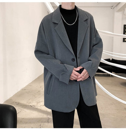 Autumn Men's Casual Solid Color Blazer Korean Style Business Single Trendy Oversize Business Suit Jackets Retro Daily Streetwear