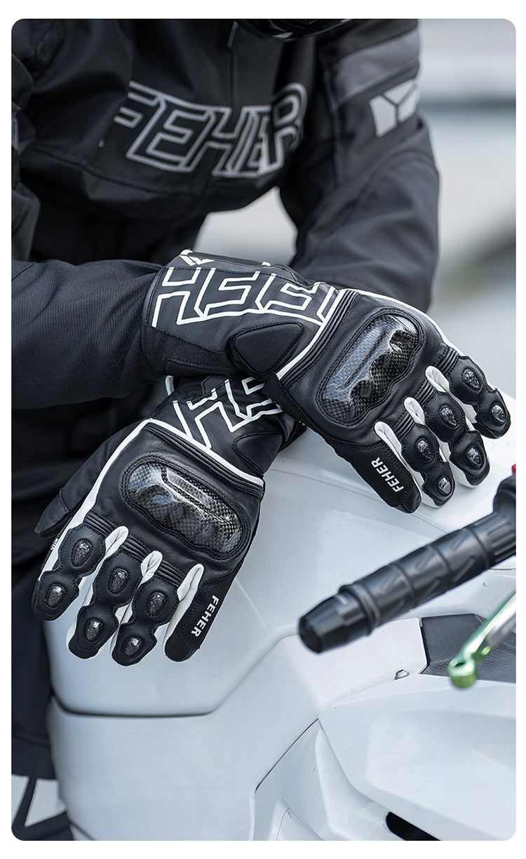 Luvas de Inverno FEHER para Moto Couro Touchscreen Quente Impermeável Junta de Dedo em Fibra de Carbono Luvas de Motociclismo